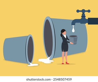 Businesses in crisis, bankruptcy, Financial problems. Businesswoman and empty bucket.