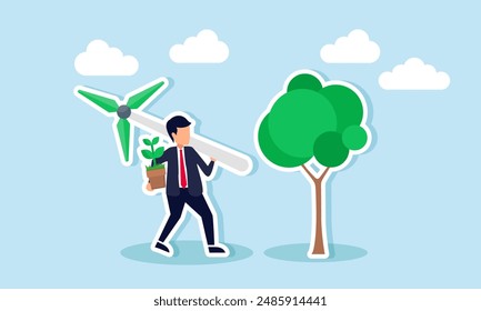 Businesses going green, eco friendly practices in response to climate change and sustainability, concept of A smart businessman carrying a wind turbine and seedling aims to create green energy