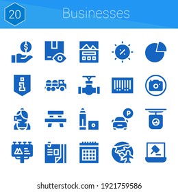 businesses icon set. 20 filled icons on theme businesses. collection of Table, Auction, Calendar, Parking, Summer, Scale, Curriculum vitae, Landing page, Truck, Marker