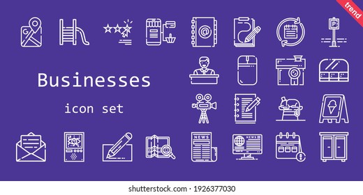 businesses icon set. line icon style. businesses related icons such as news, calendar, parking, online shopping, chameleon, edit, sign, rating, video camera, drawer, domotics