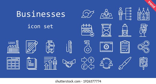 businesses icon set. line icon style. businesses related icons such as parking, calendar, profits, handshake, snail, factory, suitcase, church, gps, silo, pencil, clipboard