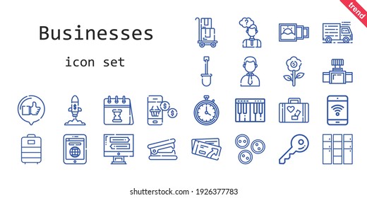 businesses icon set. line icon style. businesses related icons such as calendar, stapler remover, delivery, buttons, smartphone, ticket, like, truck, shovel, monitor, thinking