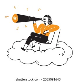 Businesses marketing concept, The pretty girl sitting on the clouds using a telescope