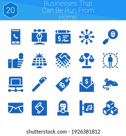 businesses that can be run from home icon set. 20 filled icons on theme businesses that can be run from home. collection of Laptop, Invoice, Email, Teleoperator, Music store