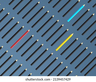 Las empresas piensan en conceptos diferentes. Lápiz rojo, amarillo y azul entre los lápices de colores negros. único y creativo.