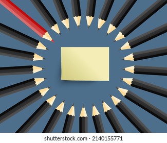 Businesses think of different concepts. Red color pencil among black color pencil with sticky note. unique and creative.