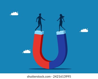 businesses working together. Business man and woman standing on magnets at different poles 