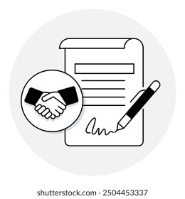 A business-focused illustration depicting contract signing, highlighting partnership agreements, official documentation, and the importance of formalizing business deals.