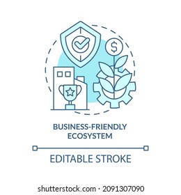 Business-friendly ecosystem turquoise concept icon. Economic stability abstract idea thin line illustration. Isolated outline drawing. Editable stroke. Roboto-Medium, Myriad Pro-Bold fonts used