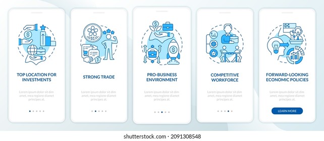 Business-friendly Singapore blue onboarding mobile app screen. Walkthrough 5 steps graphic instructions pages with linear concepts. UI, UX, GUI template. Myriad Pro-Bold, Regular fonts used