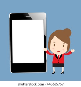 Businessgirl standing beside tablet, online shopping concept