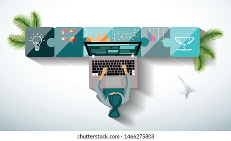 BusinessLady  Brainstorming,Contact communicate use Laptop with graph, Jigsaw,Paper  rocket fold,icon.
