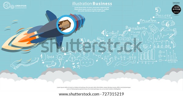 BusinessLady - Drive Rocket  - modern\
design Idea and Concept Vector illustration  with background number\
lined\
pattern,Cloud,icon.