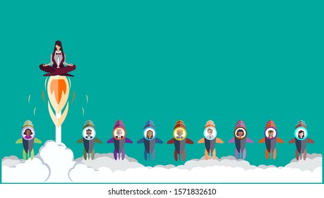 Businesslady  practicing mindfulness meditation - Businessman and Businesslady - Drive Rocket  -Think differently - Being different, taking risky, move for success in life.