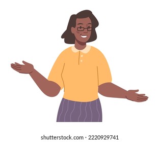 Businesslady wearing glasses and formal clothes. Employee of company, boss or director, secretary or analyst. Flat cartoon character, vector in flat style