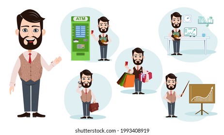 A businesslike cartoon man. Vector set with the image of a cartoon businessman. Businessman for animation. Cartoon man with money, with a schedule, with a phone and with a credit card next to an ATM
