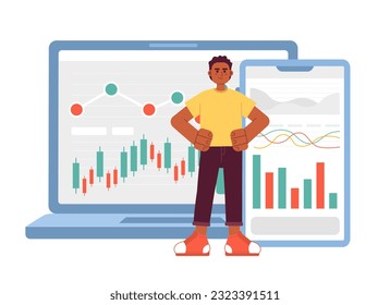 Businessman 2D vector isolated spot illustration. Investor show laptop with financial charts and diagrams flat financial operations on white background. Investition colorful editable scene