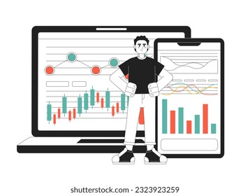 Businessman 2D vector monochrome isolated spot illustration. Investor show laptop with financial charts and diagrams flat hand drawn on white background. Investition editable outline cartoon scene