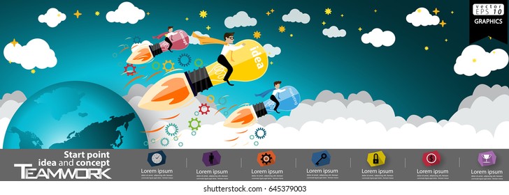 Businessman  3 person - Drive Rocket Lamp - Earth - modern design Idea and Concept Vector illustration  Business  Infographic template with text Start point idea and concept.