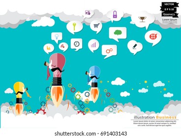 Businessman 3 person - Drive Rocket Lamp -  modern design Idea and Concept  Vector illustration Business  Infographic template with Cloud,icon.