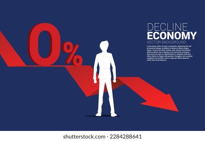 Empresario y interés del 0% 3D con gráfico de tendencia descendente. Concepto de decadencia de la política económica y de crisis bancaria.
