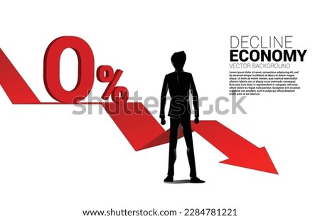Businessman and 3D 0% interest with with down trend graph. Concept of decline economic and crisis bank policy.