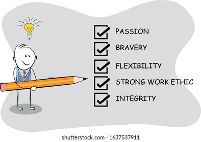 businessman 5 Key Attitudes for Entrepreneurial Success holding a pencil and big checklist concept vector illustration-2327