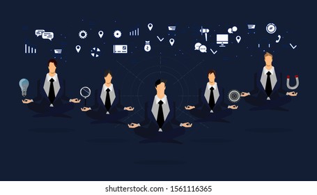 Businessman 5  person  practicing mindfulness meditation - releasing stressful thoughts and expressing  potential - yoga and self consciousness idea concept with icon Business.