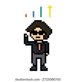 Businessman 8 bit oficina problema planificación investigación con magnificación, trabajo, análisis, líder, fondo, concepto de negocio, dibujos animados.