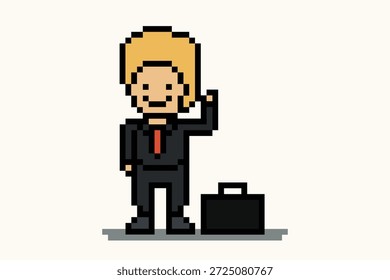 Businessman 8 bit oficina problema planificación investigación con magnificación, trabajo, análisis, líder, fondo, concepto de negocio, dibujos animados.