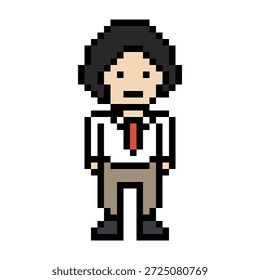 Businessman 8 bit oficina problema planificación investigación con magnificación, trabajo, análisis, líder, fondo, concepto de negocio, dibujos animados.