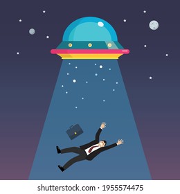 Businessman abducted by UFO. Flat style vector illustration