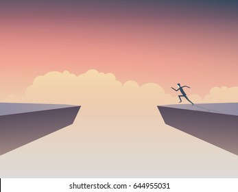 Businessman about to jump over gap between two cliffs. Symbol of business risk, courage, determination, motivation, ambition. Eps10 vector illustration.