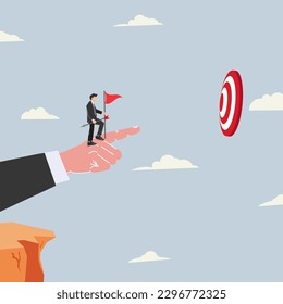 Businessman above hand pointing with arrow and flag toward the target. Business focus on target concept illustration