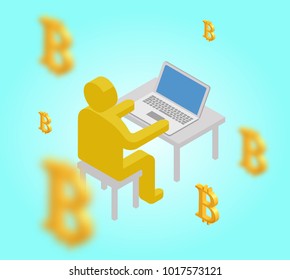 Businessman abstact figure mining bitcoin, cryptocurrency coins, successful financial wealth concept, isometric 3d vector illustration