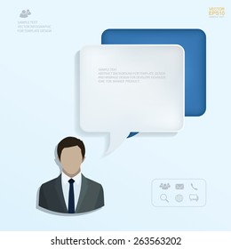 Businessman and abstract empty speech bubble icon. Vector info graphic background for template design.