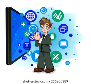 Businessman and abstract image of information technology for business.