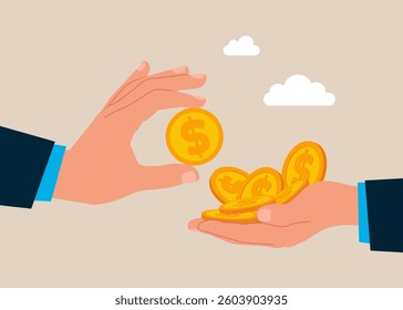 Businessman accept a bribe, took coins dollar. Corruption and transmitting banknote money dollar. Business deal, agreement, contract. Vector illustration