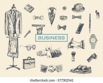 Businessman accessories hand drawn set. Suit, briefcase, cufflinks, pouch, tie, ring, tie clip, sunglasses, bow-tie, fountain pen, wristwatch, smartphone, brogues, cigars, shaving brush, fedora hat