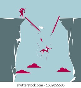 The businessman accidentally fell off the cliff. Isolated on blue background.