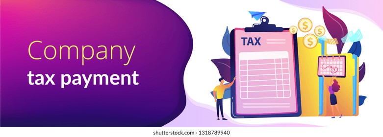 Businessman and accountant filling financial document form on clipboard and payment date. Tax form, income tax return, company tax payment concept. Header or footer banner template with copy space.