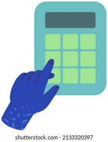 Empresario, contador que trabaja con equipo para contar. Manos sostienen la calculadora con botones y muestran la ilustración vectorial. Dispositivo informático electrónico para realizar operaciones en números o fórmulas
