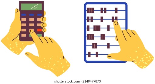 Businessman, accountant working with devices to count. Set of colorful hands holding calculator and abacus. Objects for performing operations on numbers or formulas and arithmetic calculations