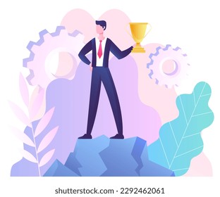 Los hombres de negocios logran el éxito. Hombre vestido con traje de oro en mano. Empresario talentoso y exitoso con premio. Éxito, motivación y liderazgo. Dibujo vectorial plano de dibujos animados