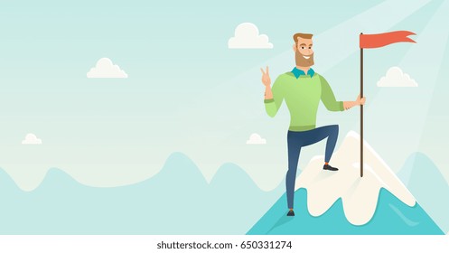 Businessman achieved flag on the top of mountain. Businessman celebrating business achievement on the peak of mountain. Business achievement concept. Vector flat design illustration. Horizontal layout