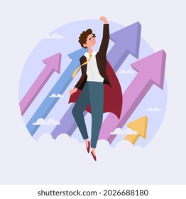 Businessman achieves goals concept. Man in superhero raincoat flying up behind arrows. Self development and career growth. Cartoon modern flat vector illustration isolated on white background