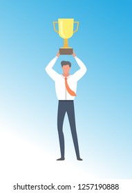 Businessman achieving business excellence, man win first prize golden trophy cup, cartoon character in white shirt. Leader got triumph, vector person