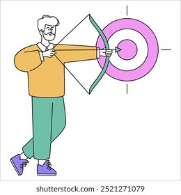 Businessman Achieving Goals concept. A man with a bow and arrow hitting a bullseye, representing precision and success. Goal-oriented strategy, reaching targets. Vector illustration.