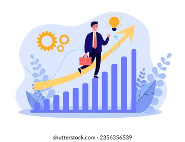 Businessman achieving success in career vector illustration. Happy entrepreneur climbing chart ladder, upward arrow showing business development and income increase. Personal growth concept