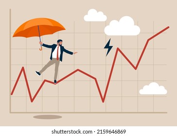 Businessman acrobat planning to walk on risky investment graph. Risk and uncertainty, investment volatility or stock market and crypto currency fluctuation up and down, all weather strategy concept.